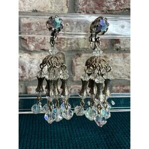 Waterfall beaded Rhinestone clip on Earrings silvertone